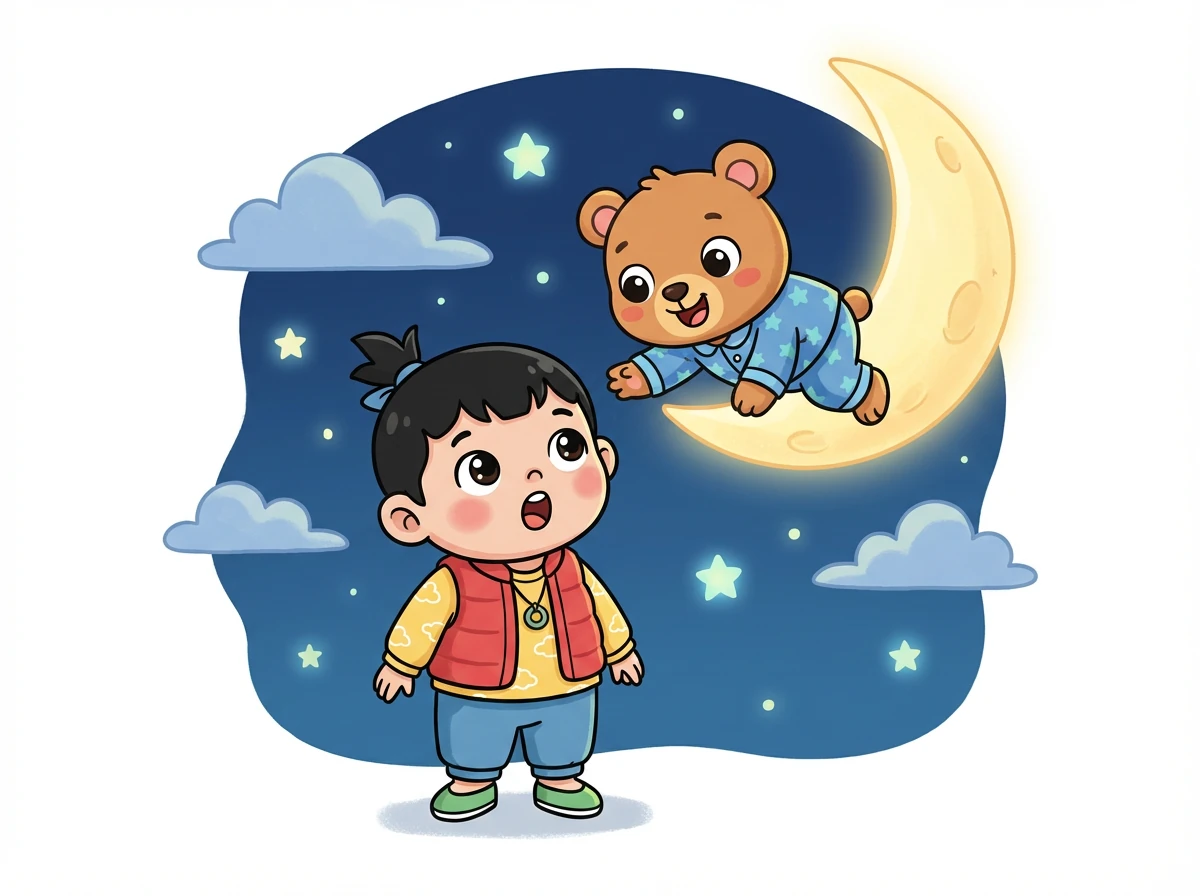 突然,一只小熊从月亮上跳了下来,它穿着一件蓝色的睡衣,看起来非常友好。小熊说:“你好,皮皮!我是月亮熊,我们一起去冒险吧!”