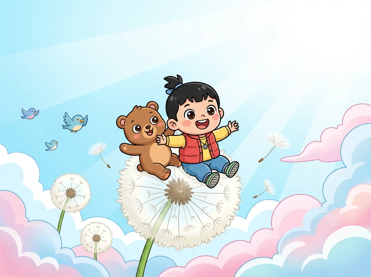 皮皮和小熊一起跳上了一朵巨大的蒲公英,蒲公英带着他们飞向了云朵。云朵软绵绵的,像棉花糖一样。