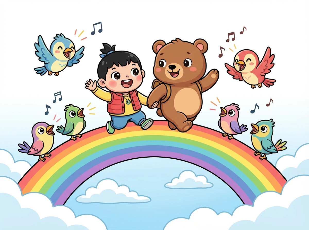 他们飞过了一座彩虹桥,桥上住着一群快乐的小鸟,它们唱着动听的歌曲欢迎皮皮和小熊。