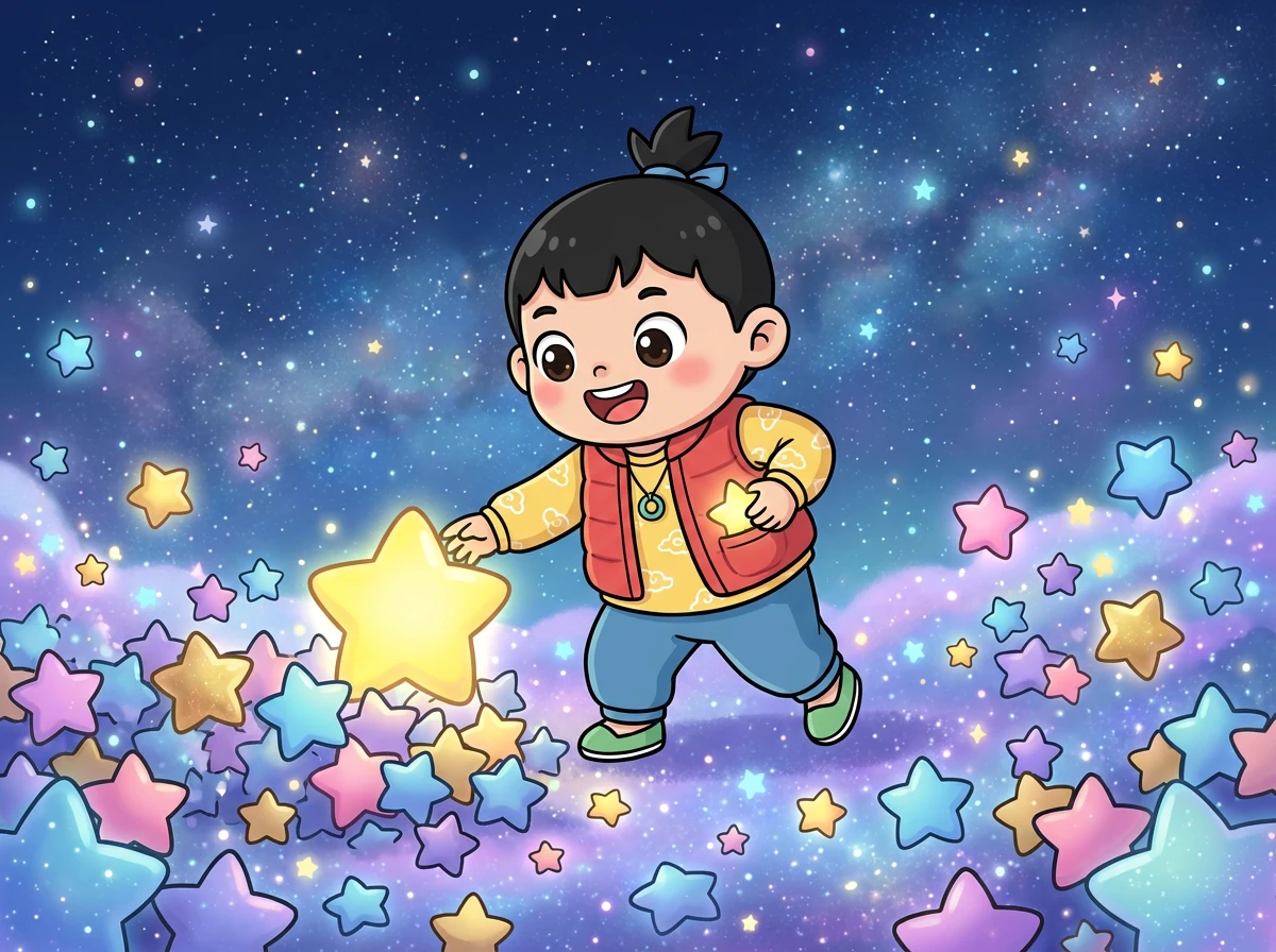 接下来,他们来到了一片星星海。每一颗星星都闪耀着不同的光芒,美丽极了。皮皮伸手摘了一颗星星,把它放进了口袋里。