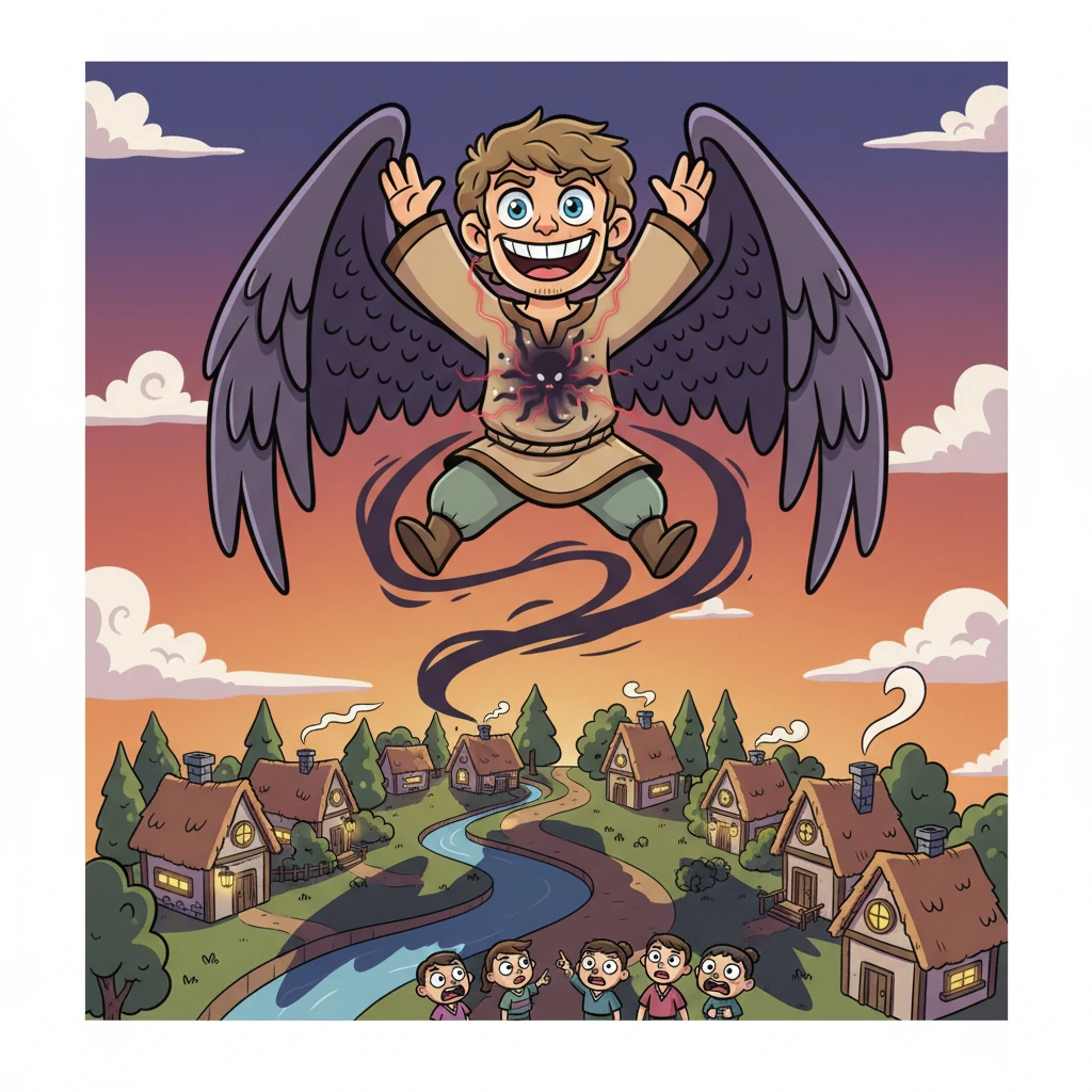 آرین تسخیر شده، با بال‌های زشت و تیره، بر فراز روستایی کوچک پرواز می‌کرد. سایه‌اش بر خانه‌ها افتاد و مردم روستا با ترس به آسمان خیره شدند. خنده‌های شیطانی از دهان او بیرون می‌آمد.