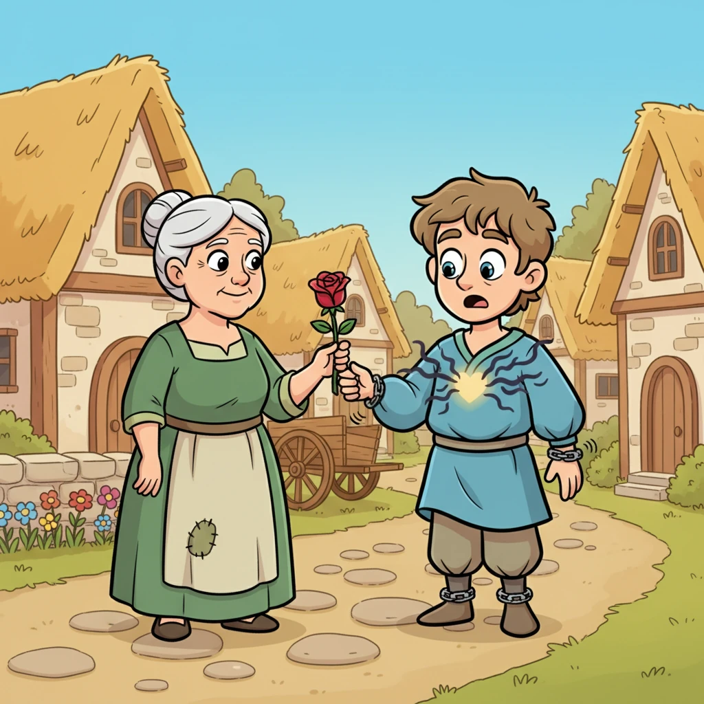 در گوشه‌ای از روستا، پیرزنی مهربان با لبخندی آرام به آرین نگاه کرد و شاخه‌ای گل به سمت او گرفت. نگاه معصومانه پیرزن، لرزشی در وجود تاریک آرین ایجاد کرد. این اولین باری بود که کسی با او مهربان بود.