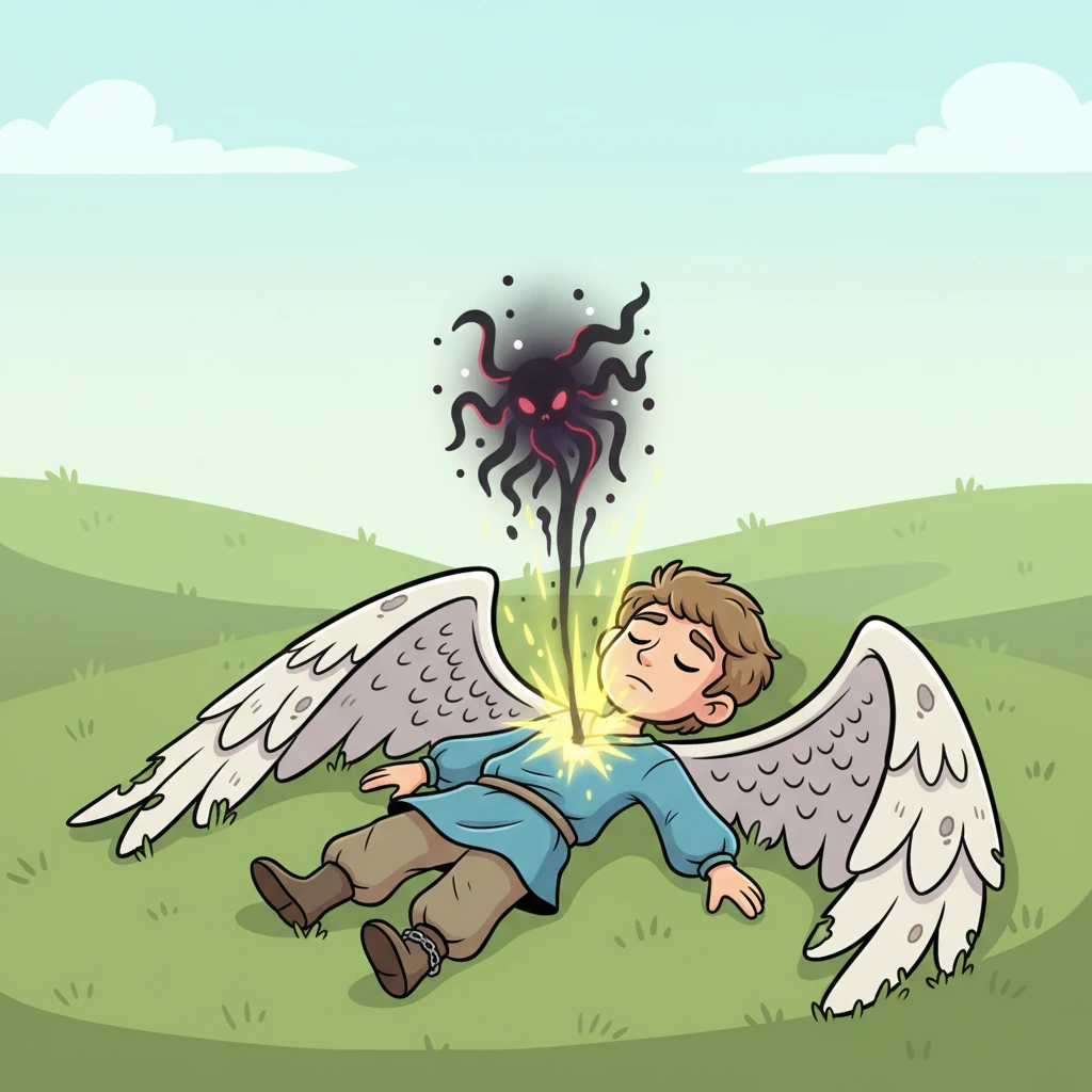 با فریادی قدرتمند و درخشش خیره‌کننده، نیروی شیطانی از بدن آرین بیرون رانده شد. او به زمین افتاد، خسته اما آزاد. بال‌هایش دیگر تاریک نبودند، اما هنوز هم نشانه‌هایی از آسیب داشتند.