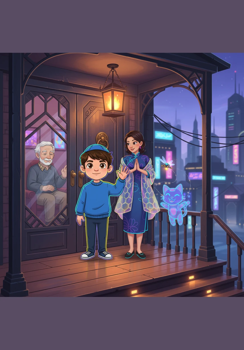 Benny stands on his warm, inviting front porch under a soft purple-blue twilight sky. He wears a blue sweater and a matching kippah, holding a colorful wooden dreidel and waving a friendly hello to everyone.