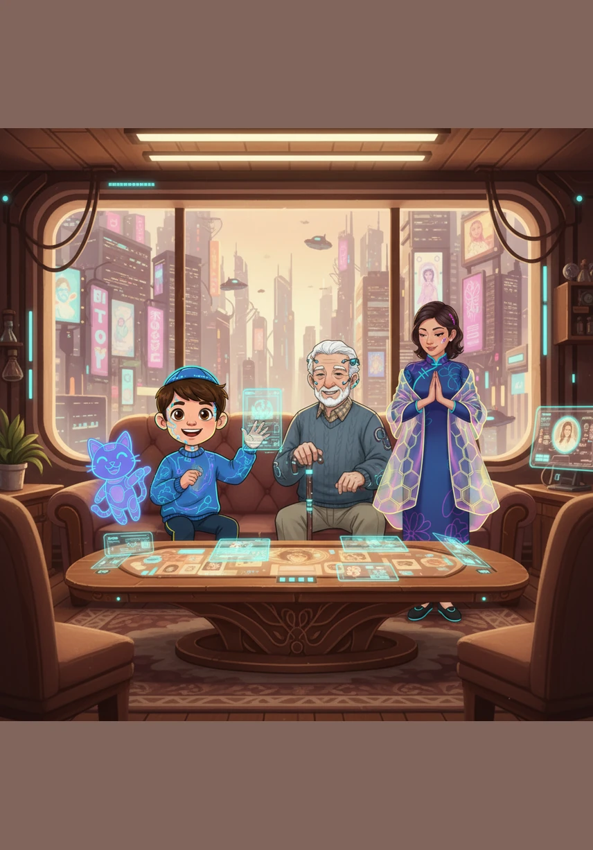 Inside the cozy living room, Benny points excitedly to a calendar on the wall marked for the start of Hanukkah. Grandpa explains that tonight begins the Festival of Lights, a special time to celebrate their freedom and the joy of their heritage.