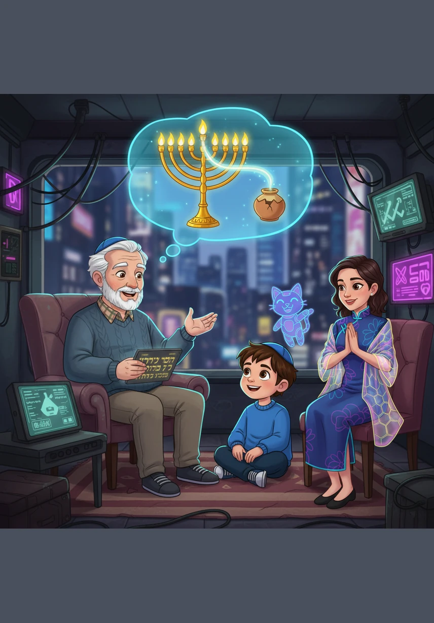 Grandpa shares the ancient story of the brave Maccabees who fought to save their holy Temple. An imagination bubble shows a golden lampstand and a single tiny jar of oil that miraculously lasted for eight whole days.