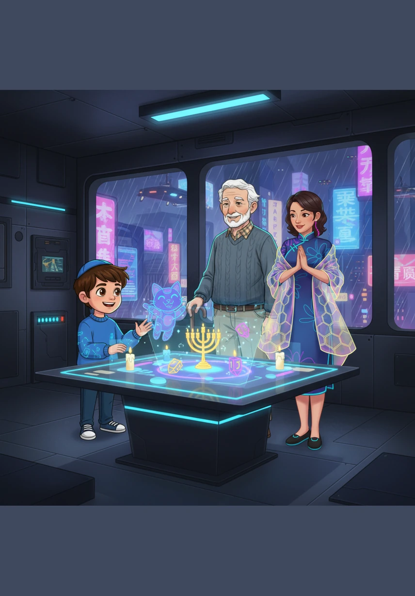 Benny watches closely as Grandpa holds the tall Shamash candle to light the first light on the silver Hanukkiah. They start on the far right, preparing to add one new flame for every night of the holiday.