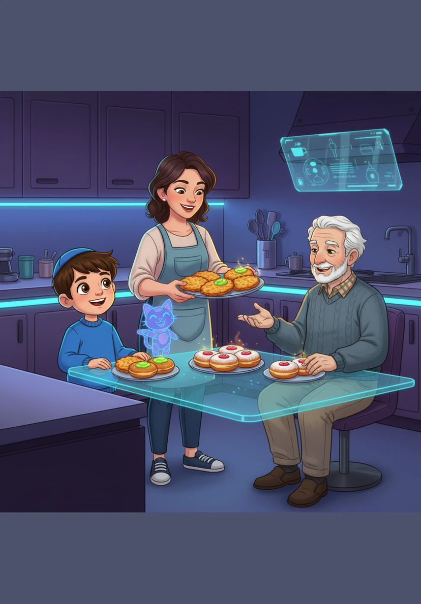 In the kitchen, Mom serves golden, crispy latkes and sweet jelly donuts called sufganiyot. Benny learns that they eat foods cooked in oil to honor the miracle of the oil that burned so long ago.