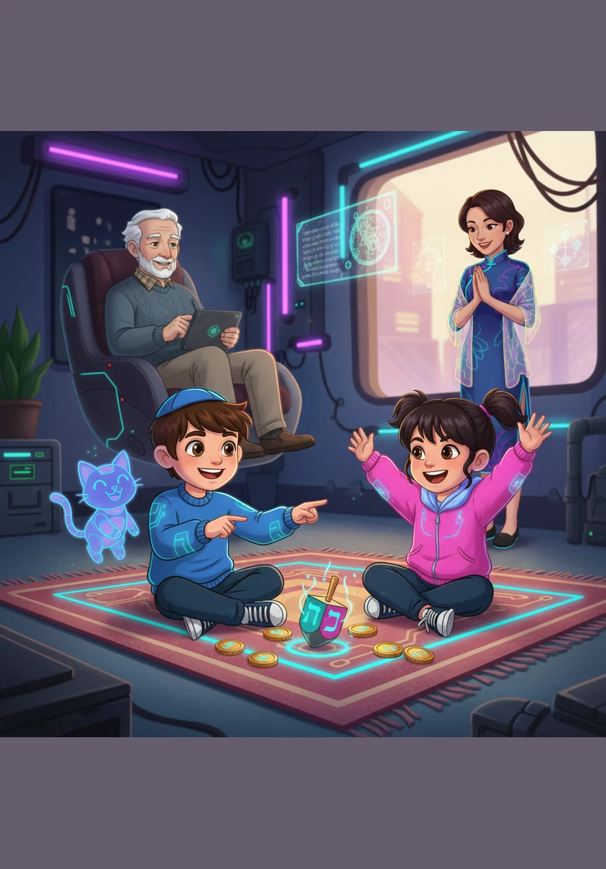 Benny and his little sister sit on the floor, spinning a four-sided dreidel for chocolate coins called gelt. His sister cheers as she wins a round, while Benny points out the Hebrew letters that mean A Great Miracle Happened There.