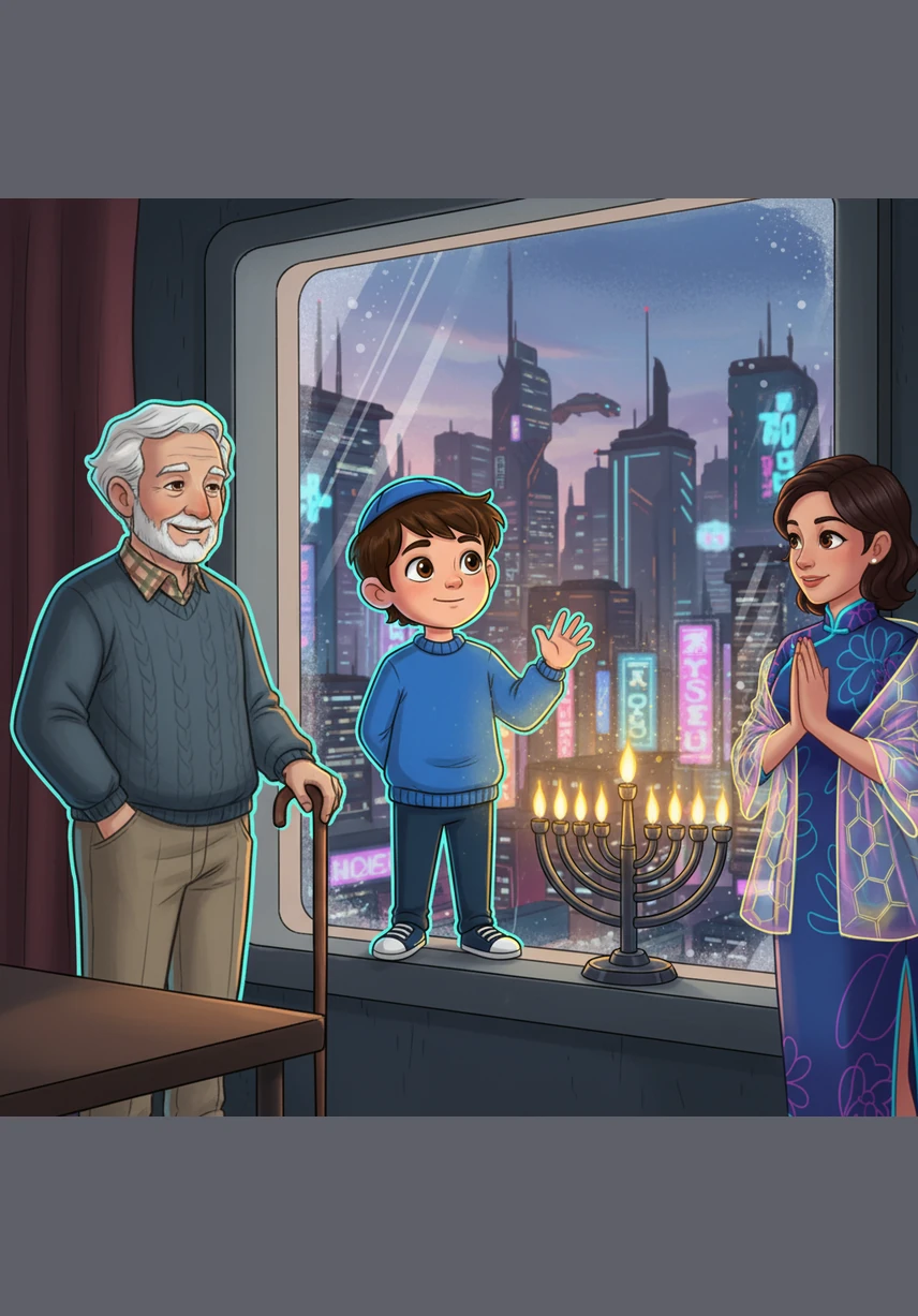 Benny looks out the window at the evening sky, noticing how the Hanukkiah's glow reaches out into the neighborhood. He realizes that Hanukkah is about sharing light and hope with the world around them.