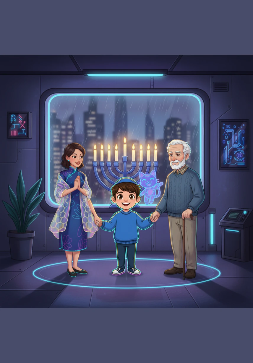 On the final night, all eight candles shine brightly together in the window, casting a beautiful radiance across the room. The family stands together in a circle, grateful for the miracles of the past and the love they share today.