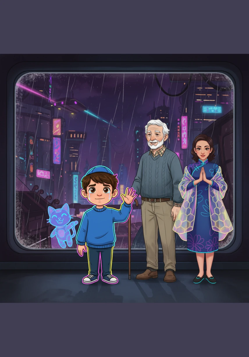 Benny waves a final goodbye through the window as the stars twinkle in the night sky. He reminds us that even a small light can chase away the darkness, wishing everyone a holiday filled with joy and light.