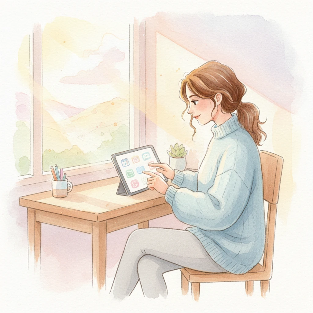 The morning light spills across my desk, illuminating the soft glow of my tablet. With a gentle tap, I organize lessons and connect with parents, marveling at how technology streamlines the beautiful chaos of teaching. Soft pastel hues of a sunrise peek through the window, blending with the digital light, all rendered in flowing washes.