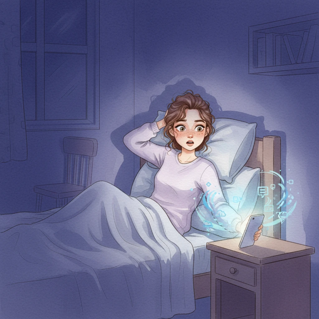 As twilight deepened, I settled into bed, hoping for quiet repose. Just as my mind began to drift, a sudden bright notification flashed from my phone on the nightstand, pulling me sharply from the edge of sleep. The harsh light felt out of place against the deepening indigo shadows of the room, creating a jarring splash of color.