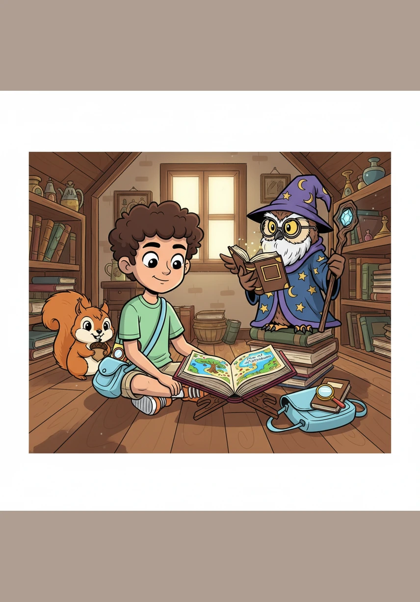 Inside the book, Zaid found a colorful map leading to the legendary Tree of Wisdom through a hidden, winding path. He packed his bag with a notebook and his trusty magnifying glass, ready to embark on a grand adventure into the unknown.