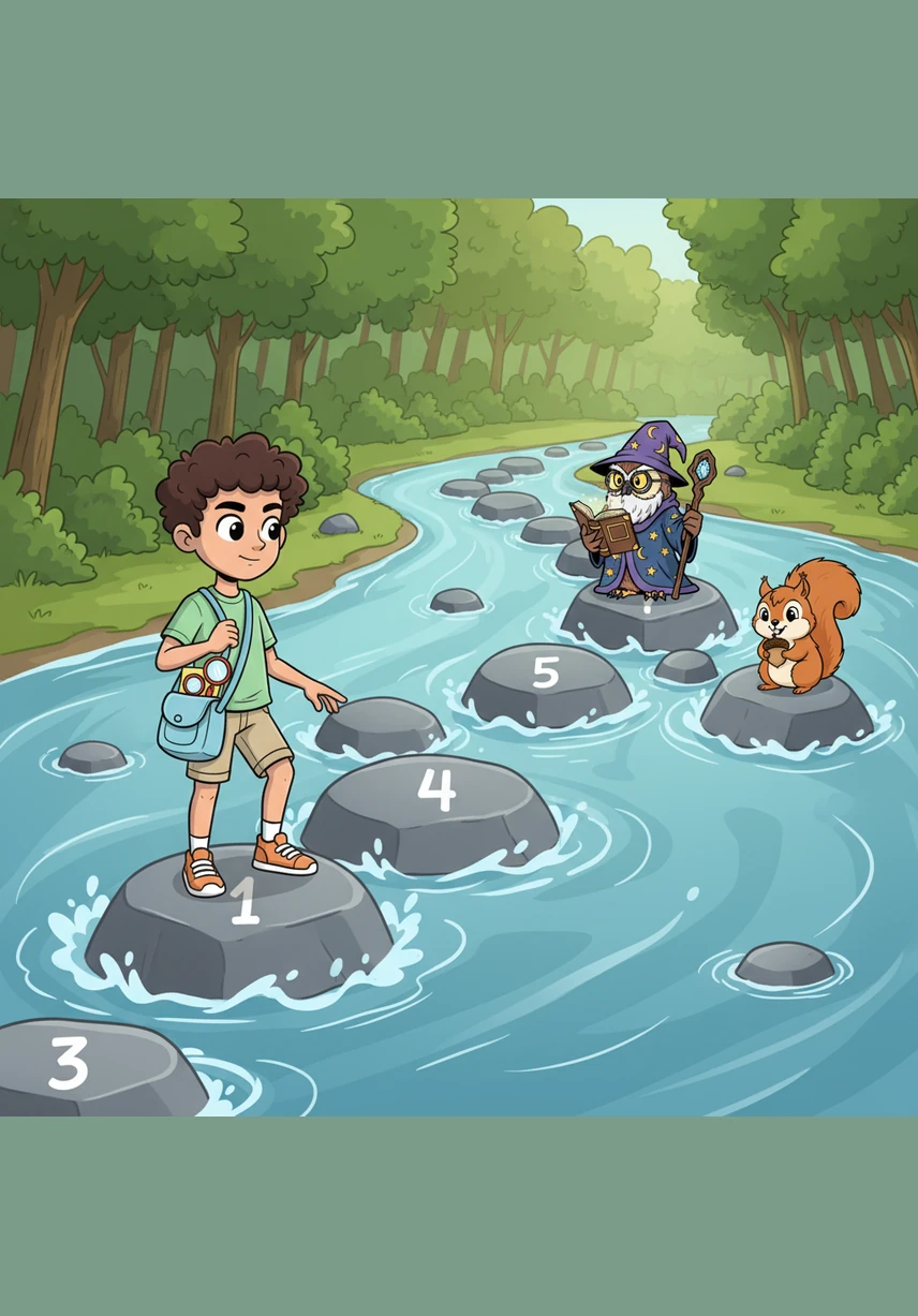 He soon reached a wide, rushing river with numbered stones and realized he had to jump on them in the correct mathematical sequence to cross safely. Zaid thought carefully, calculating each step before hopping across the stones with growing confidence.