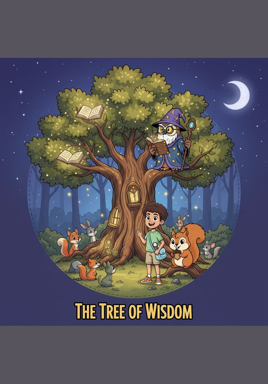 Zaid finally reached the majestic Tree of Wisdom, which shimmered with golden leaves that looked like glowing pages filled with knowledge. He realized that learning is a magical journey and that wisdom is the true treasure that grows the more it is shared.