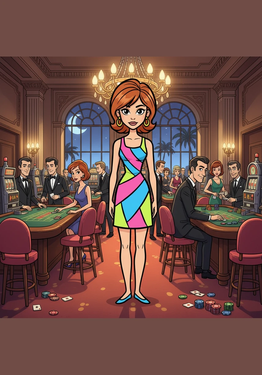 April Dancer adjusts her sleek evening gown and checks her hidden transmitter while scanning the glittering Monte Carlo casino floor for her target. She is on the hunt for a high-ranking THRUSH courier carrying blueprints for a devastating new sonic weapon that could threaten global peace. The air is thick with tension and the scent of expensive perfume as she blends into the crowd of high rollers.