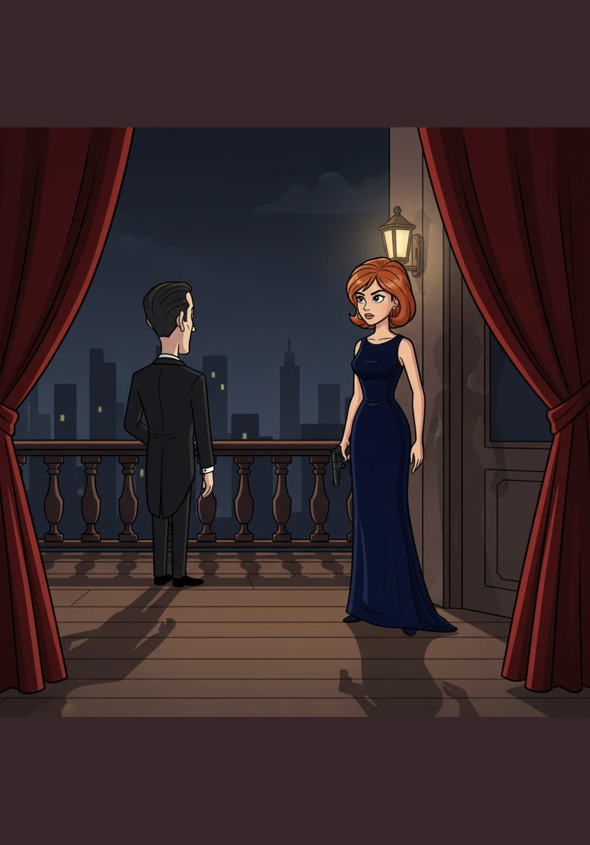Beneath the velvet shadows of a secluded balcony, April observes a mysterious man in a tuxedo handing a silver briefcase to a scarred henchman. The transaction is swift and professional, but April’s sharp eyes catch the unmistakable THRUSH insignia engraved on the man’s heavy gold ring. She knows she must act fast before the blueprints vanish into the night.