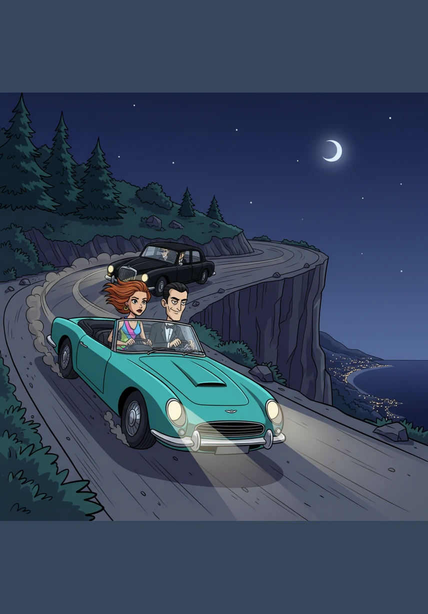 The pursuit begins as April jumps into her bright red open-top sports car, roaring down the winding cliffside roads of the French Riviera. Tires screech and engines rev as two black sedans emerge from the darkness, attempting to ram her off the narrow mountain passes. She expertly maneuvers the vehicle, using her training to stay one step ahead of the deadly pursuit.