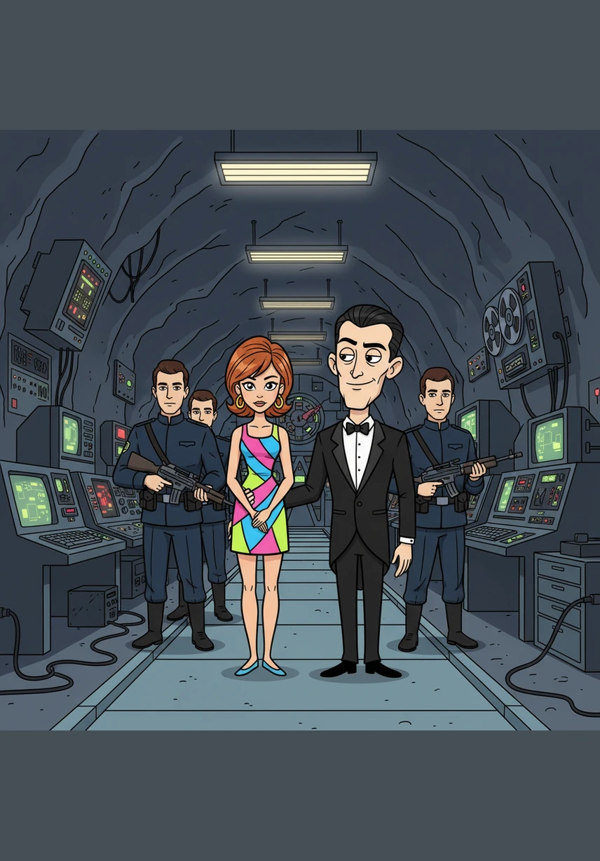 After a daring leap from her car to avoid a roadblock, April is cornered by armed guards near a hidden mountain hangar and taken deep underground. She remains calm and poised, even as she is led into the high-tech lair of the villainous Baron von Scelerat. The base is a marvel of 1960s technology, filled with humming computers and armed sentries in matching uniforms.