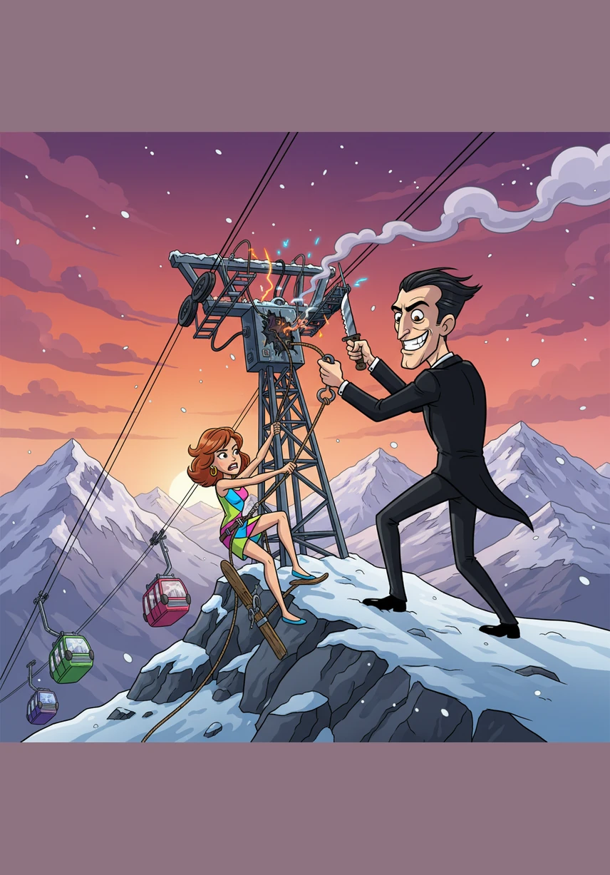 The Baron reveals his master plan to hold the world’s capitals hostage with a massive sonic cannon mounted atop the Alpine peaks. April listens intently to his arrogant monologue, her mind racing as she subtly manipulates a specialized gadget hidden in her fashionable gold earrings. She knows that every second counts if she is to prevent the weapon from being fired.