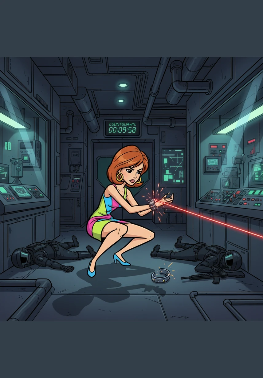 Using a concentrated laser beam emitted from her earring, April melts through her electronic shackles and silently dispatches the guards at the door. She slips into the shadows of the facility, moving with the grace of a panther through the maze of steel corridors and glass-walled laboratories. Her objective is clear: reach the control room and stop the countdown.