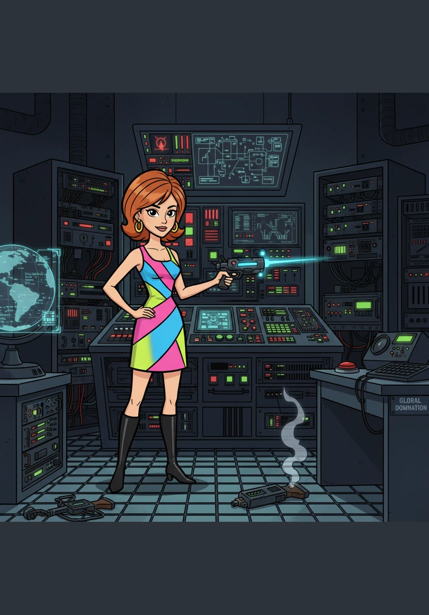 April reaches the central control hub, a massive room filled with reel-to-reel computers and glowing monitors that hum with dangerous energy. She begins rewiring the main console to reverse the sonic cannon's frequency, working with steady hands despite the sirens now blaring throughout the base. The blueprints she recovered earlier provide the key to the machine's fatal flaw.