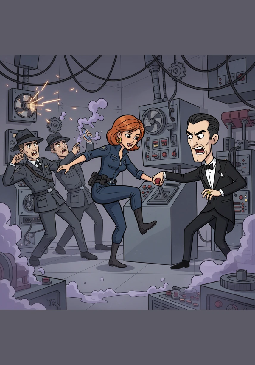 A group of THRUSH agents discovers her, leading to a frantic struggle amidst the whirring machinery and sparking wires. April uses her martial arts training and a specialized smoke-screen perfume to outmaneuver her attackers in the hazy, chaotic room. She manages to flip the final switch just as the Baron enters, his face twisted in a mask of fury.