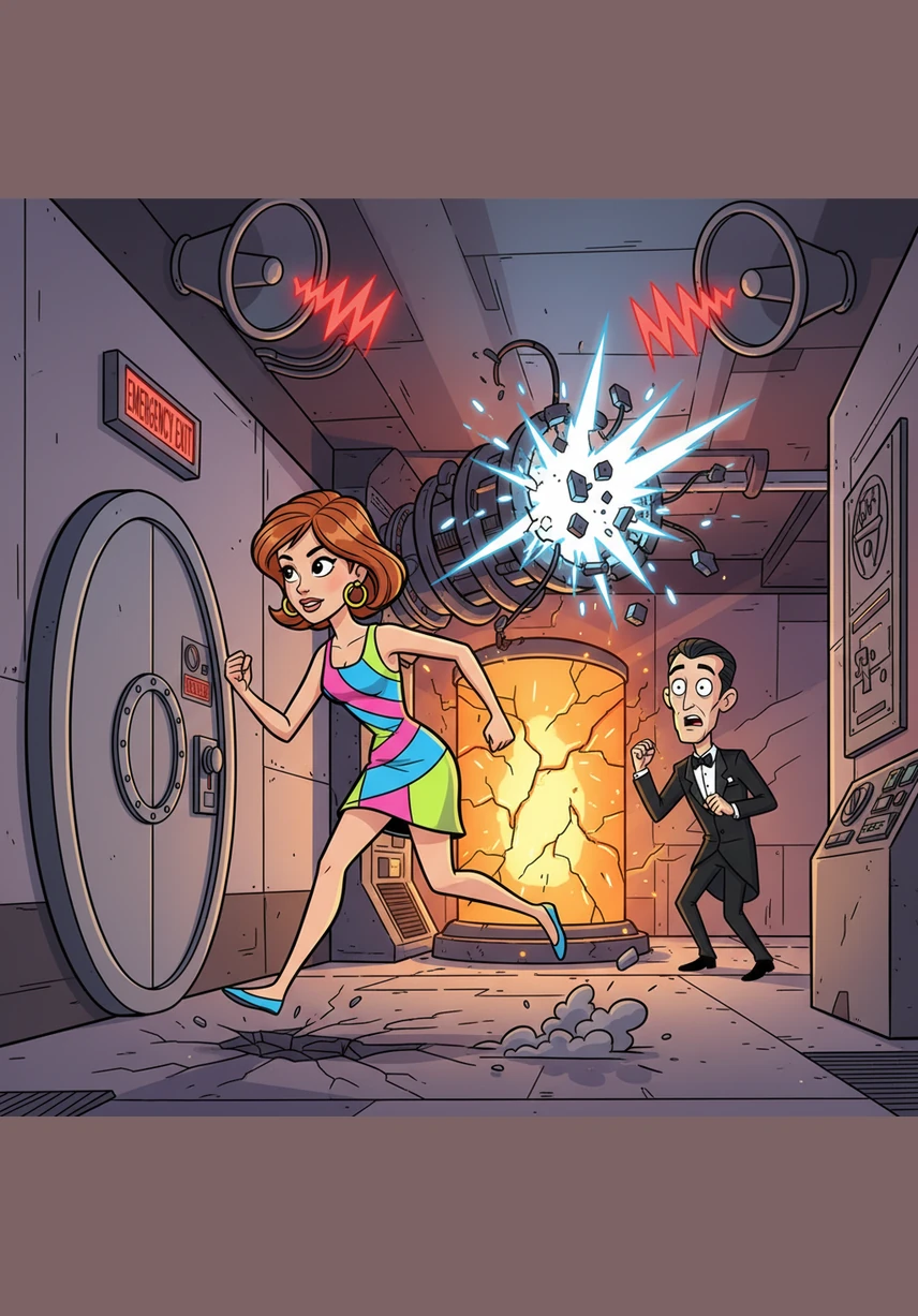 As the facility begins to shake violently from the feedback of the sabotaged weapon, April makes a desperate dash for the emergency exit. Alarms blare and red lights strobe as the sonic cannon begins to tear itself apart under the incredible strain of the reversed pulse. The ground beneath her feet trembles as the power core reaches critical mass.