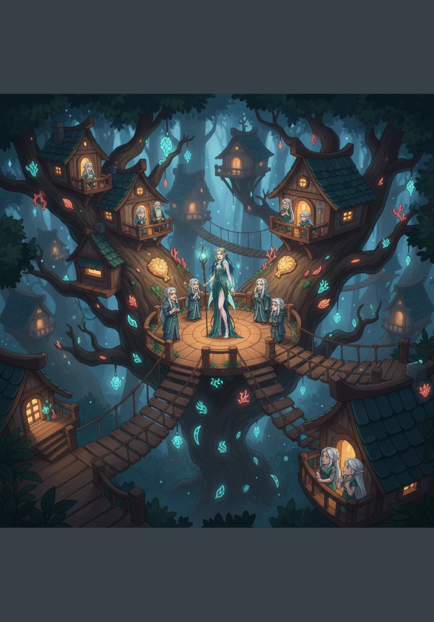 High above the forest floor, a village of interconnected treehouses glows like a constellation trapped in the branches. Other elves with silver features watch from the balconies, their expressions a mix of awe and ancient recognition.