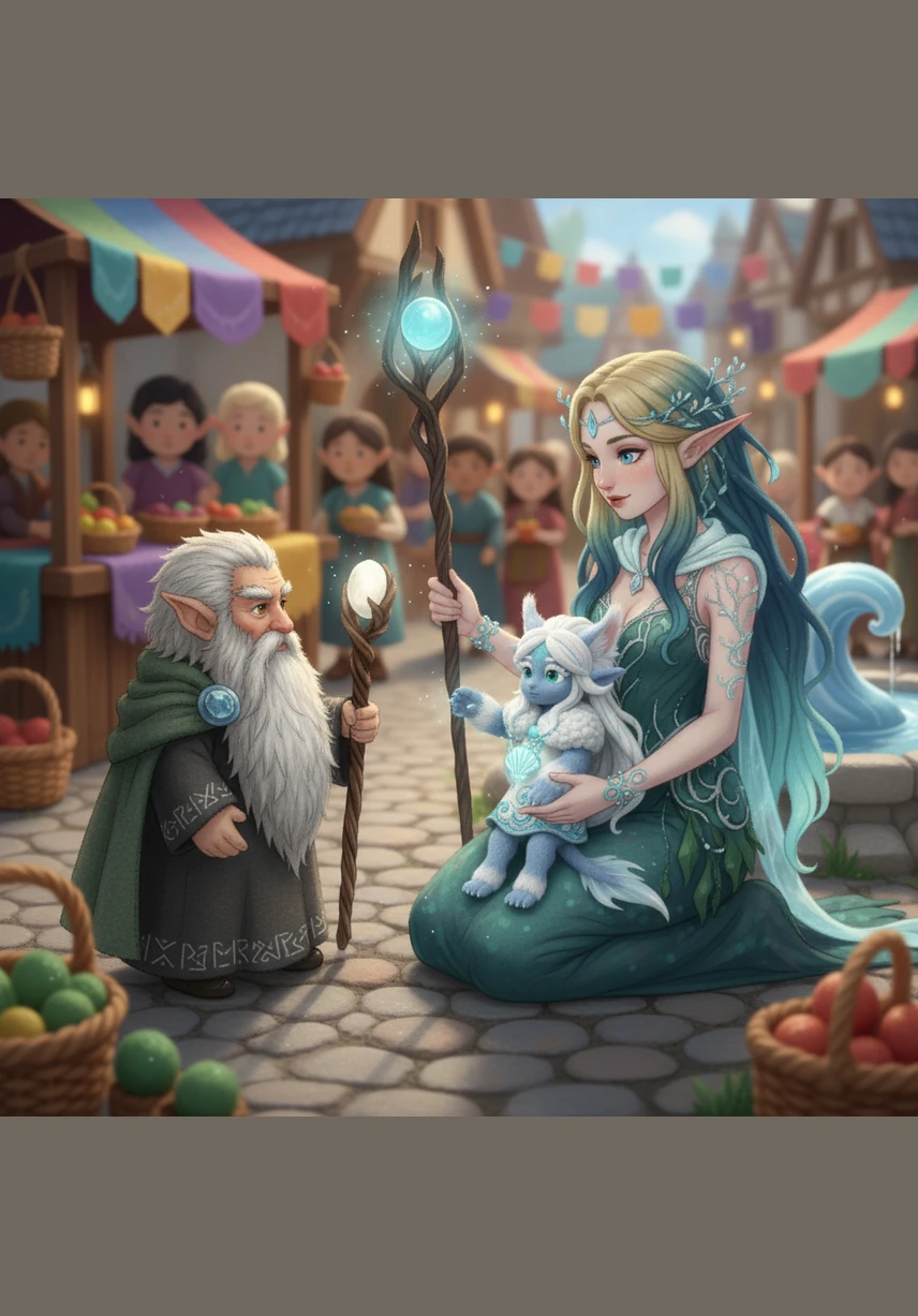 In the center of the village stands a Great Oak, its bark etched with shimmering runes that tell the story of the stars. An elder elf with a staff of living wood approaches, speaking a language I shouldn't know but understand perfectly in my heart.