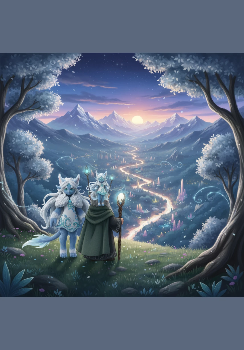 With the forest spirit by my side, I stand at the edge of a vast, glowing valley ready to explore the distant horizon. My journey in this enchanted realm has only just begun, and the wind whispers my name through the silver-leafed trees.
