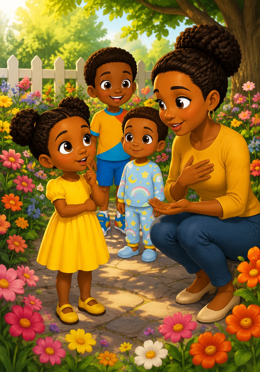 Abby stands in a sun-drenched flower garden, looking up at her mother with curious eyes. She asks what it means to have a good heart, and her mother smiles warmly, explaining that a good heart is kind, honest, and brave.