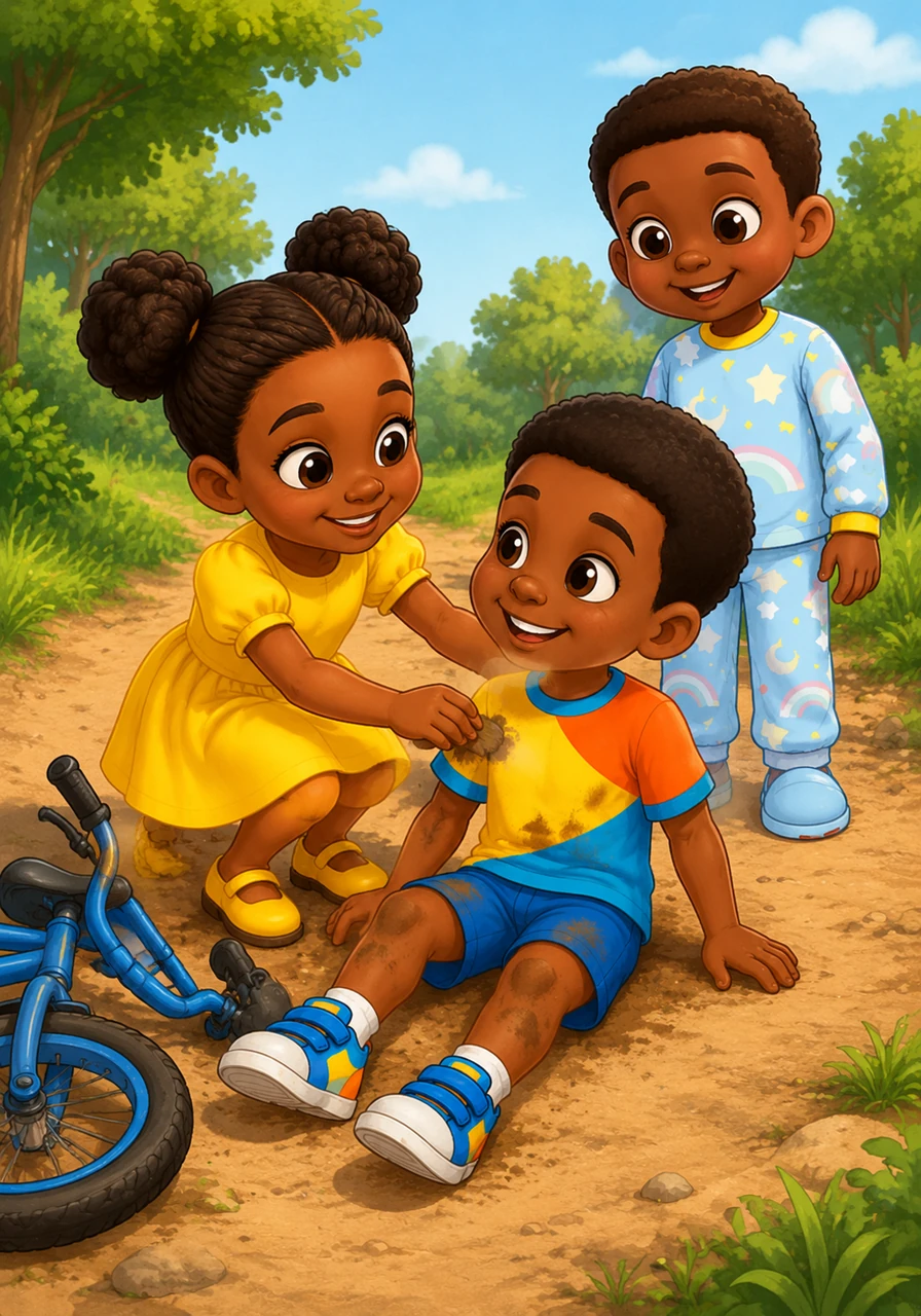When Leon tumbles from his bicycle on a dusty path, Abby is the first to run to his side. She gently helps him up and brushes off his clothes, showing that even a small act of kindness can bring back a smile.