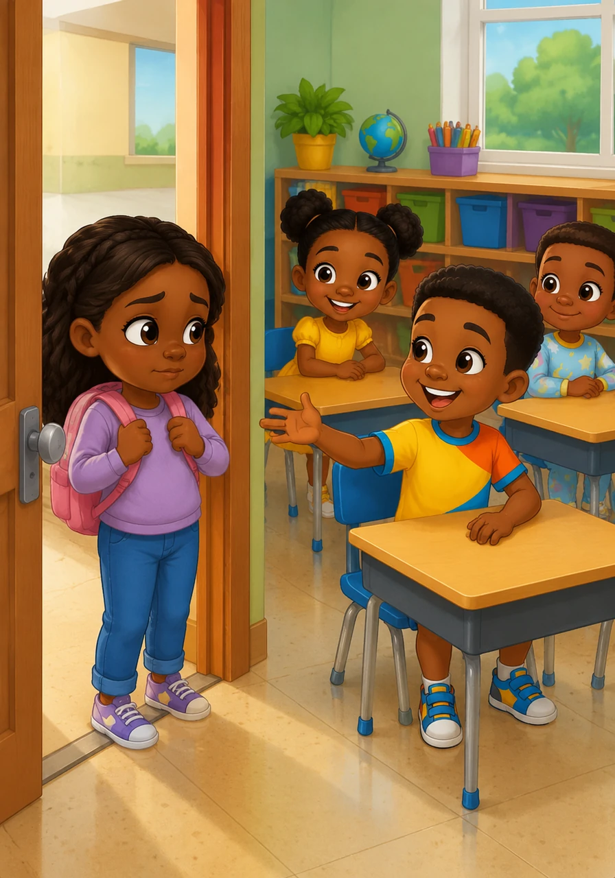 A new student named Lea stands nervously at the classroom door, clutching her bag. Joshua looks up from his desk with a bright grin and beckons her over, making her feel instantly welcomed and safe among new friends.