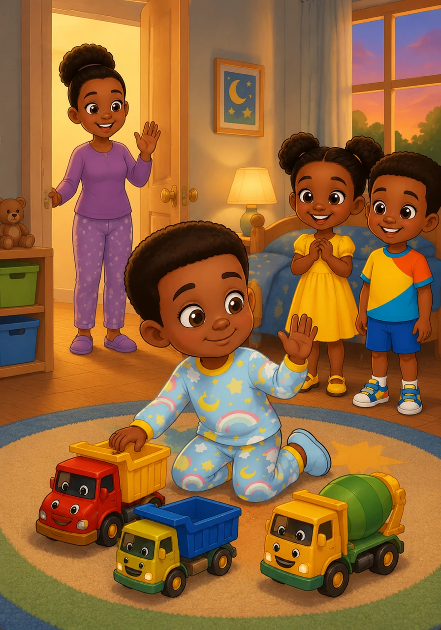 As the golden afternoon fades, Samuel hears his mother calling him for bedtime. Though he wants to keep playing with his colorful trucks, he lovingly says goodnight to his toys and obeys with a happy heart.