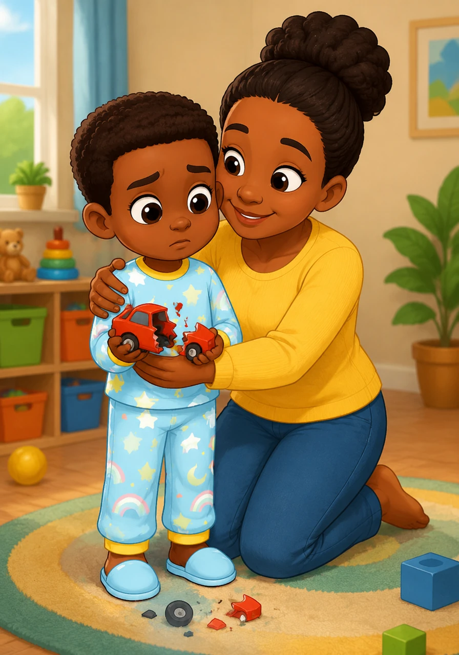 Elisha looks down at the broken toy in his hands, feeling a bit scared. He decides to be brave and tells his mother the truth, receiving a proud hug that shows how much honesty matters.