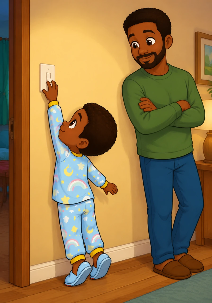 Little Noa stands on his tiptoes, trying his best to reach the light switch just like the big kids. His father watches with a patient smile, reminding him that beautiful things take time and that growing up is a journey.