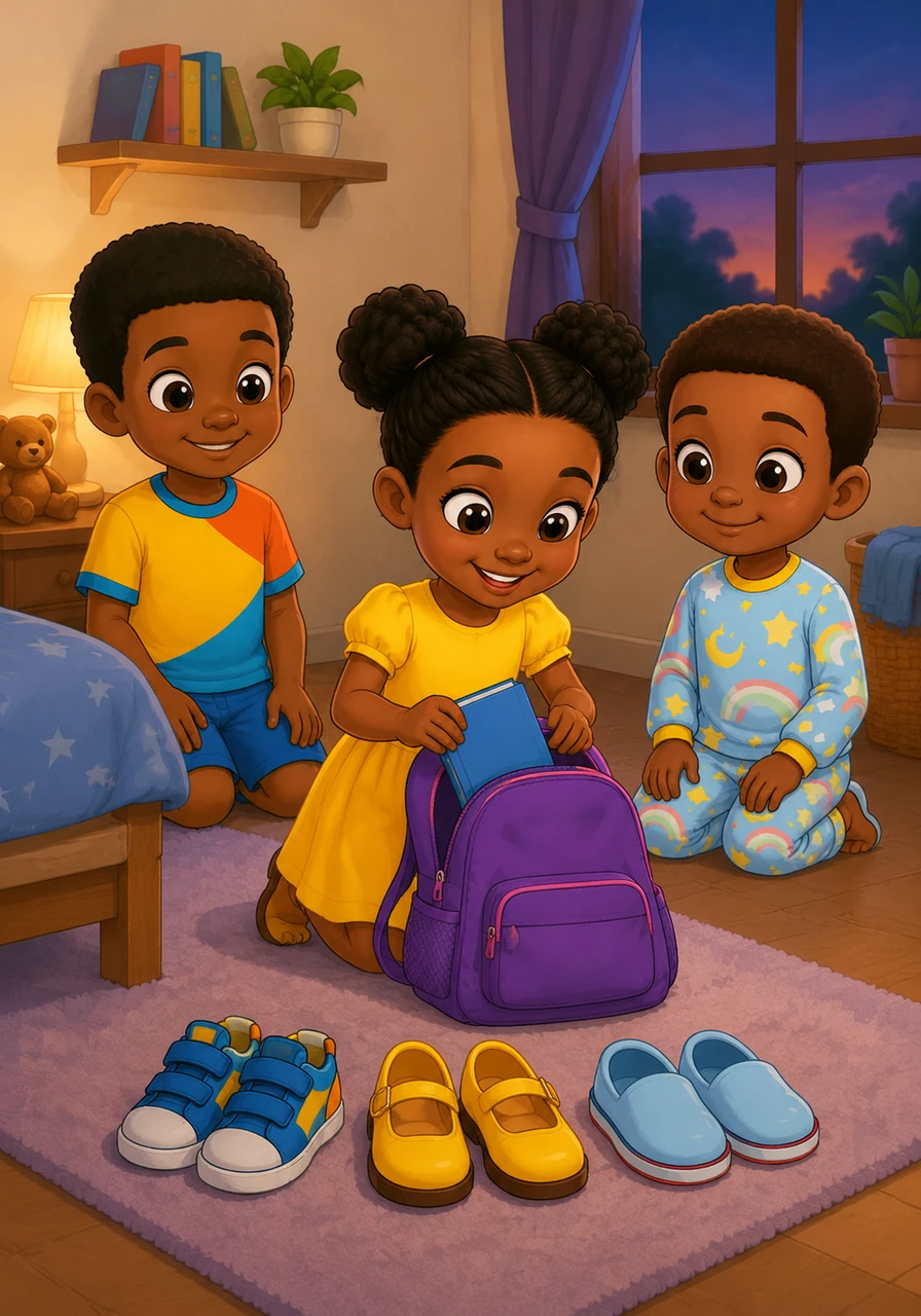 Every evening, Abby carefully lines up her shoes and packs her school bag for the next day. She takes pride in looking after her things, understanding that being responsible is a wise way to help her family.