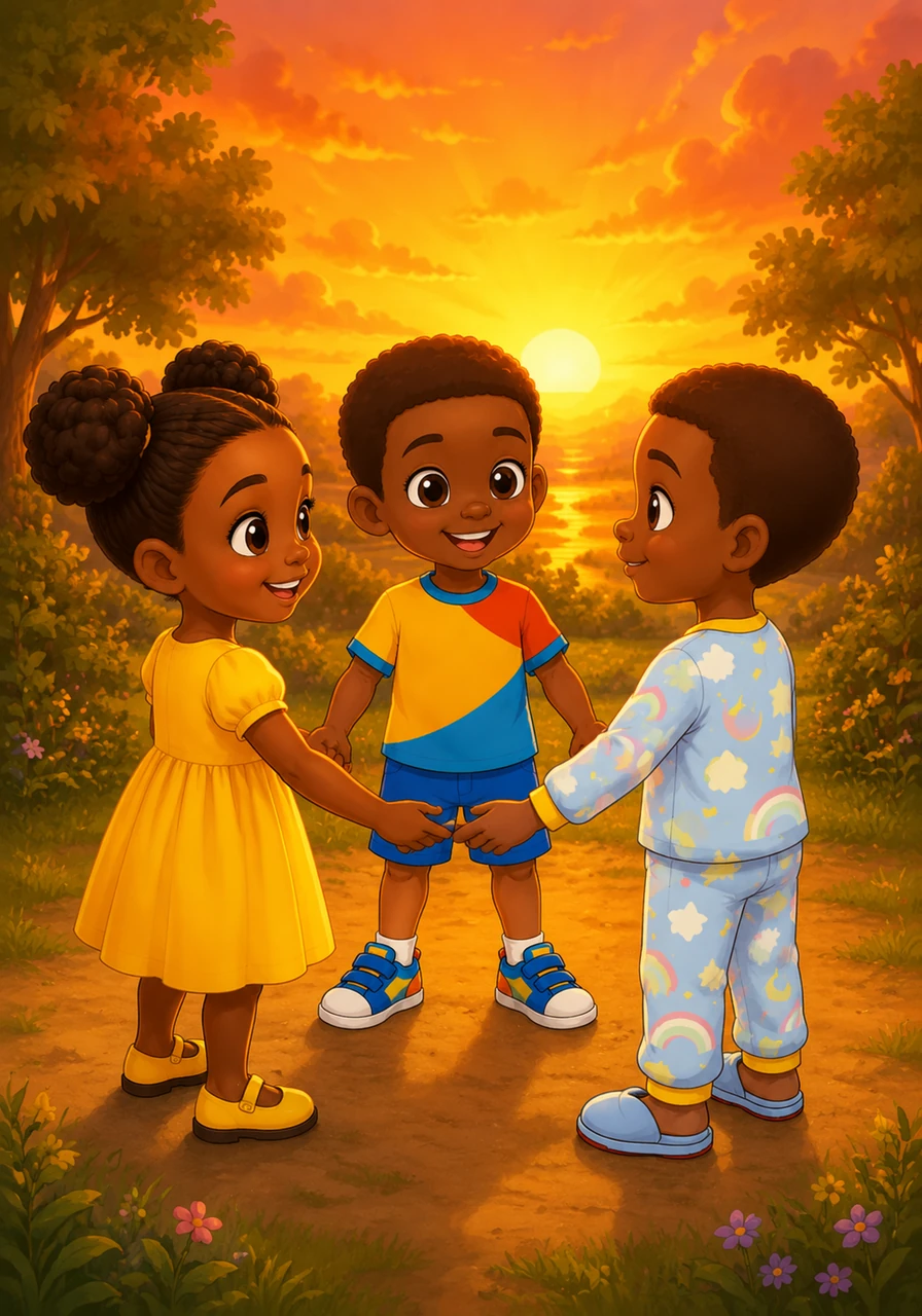 As the sun sets in a brilliant glow of orange and gold, all the children stand together in a circle holding hands. They promise to be a light in the world, showing everyone that a good heart is the most beautiful thing of all.