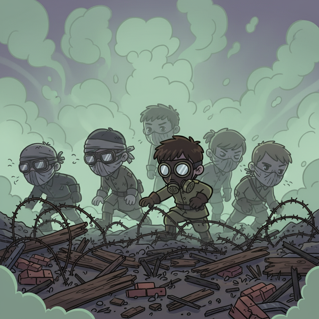 El grupo se adentró en la nube de gas tóxico, sus rostros cubiertos con máscaras improvisadas. Avanzaban con dificultad entre el alambre de púas y los escombros. La visibilidad era casi nula, y cada respiración se convertía en una agonía.