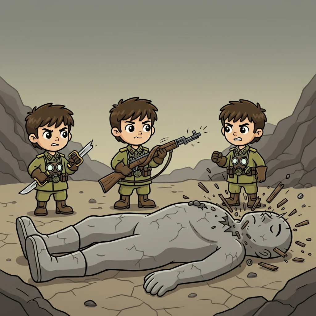 Iván intentó romper el cuerpo con su bayoneta, pero fue inútil; parecía de piedra. El arma se partió, luego la culata del rifle se torció, y finalmente, se hizo pedazos al tercer intento, demostrando la extraña resistencia de los cuerpos.