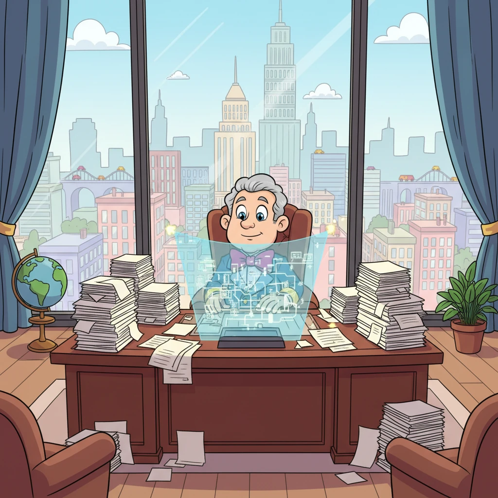 Mr. Sterling Goldsworth sat high in his gleaming skyscraper office, a tiny figure against the vast cityscape. His desk was piled with important papers, and he rarely looked up from his work, focused only on the city's grand schemes.