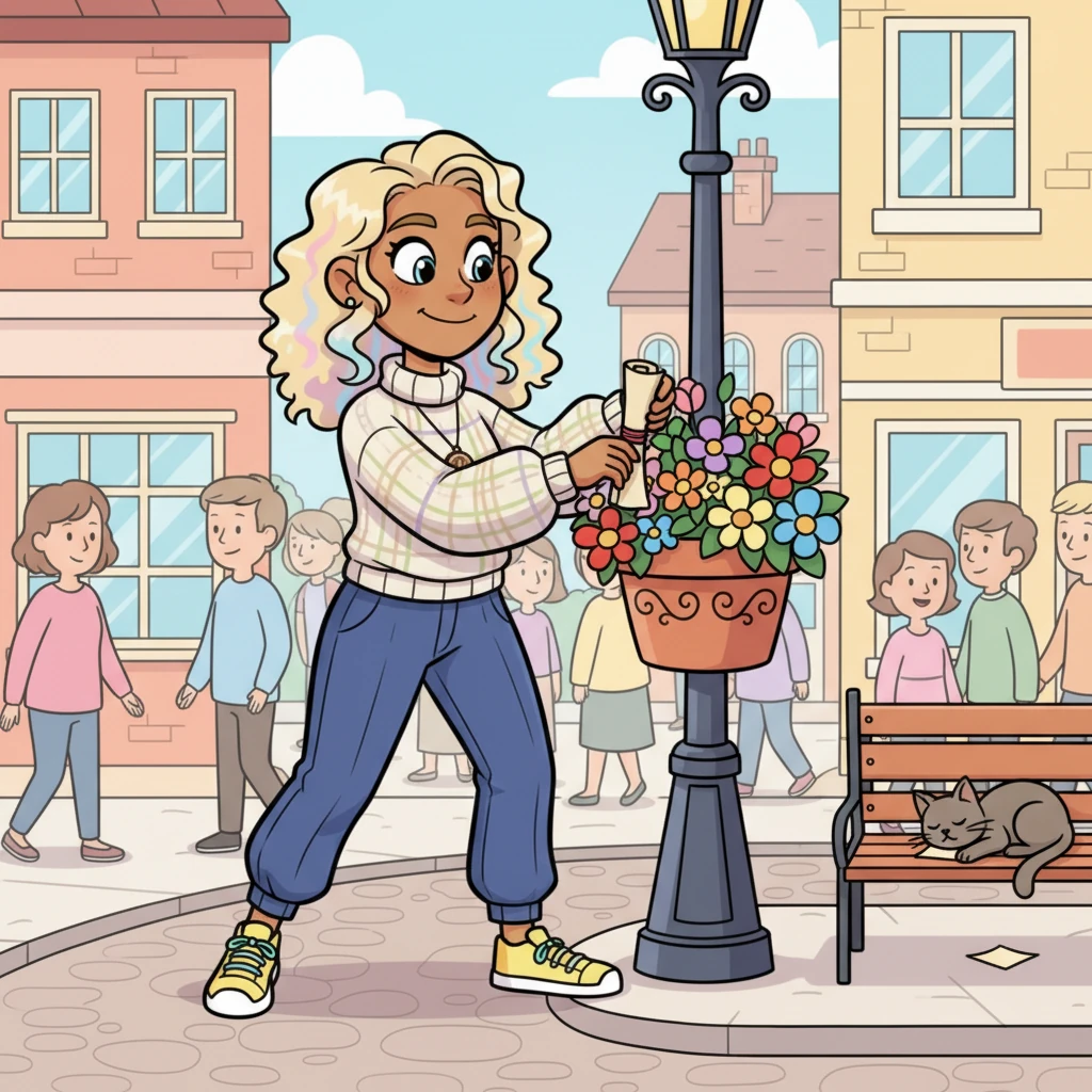 Meanwhile, down in the lively streets, a gentle soul named Larkin quietly moved through the crowds. With a soft smile, Larkin would tuck small, handwritten poems into flowerpots, on park benches, or beneath lampposts, sharing beauty without seeking recognition.