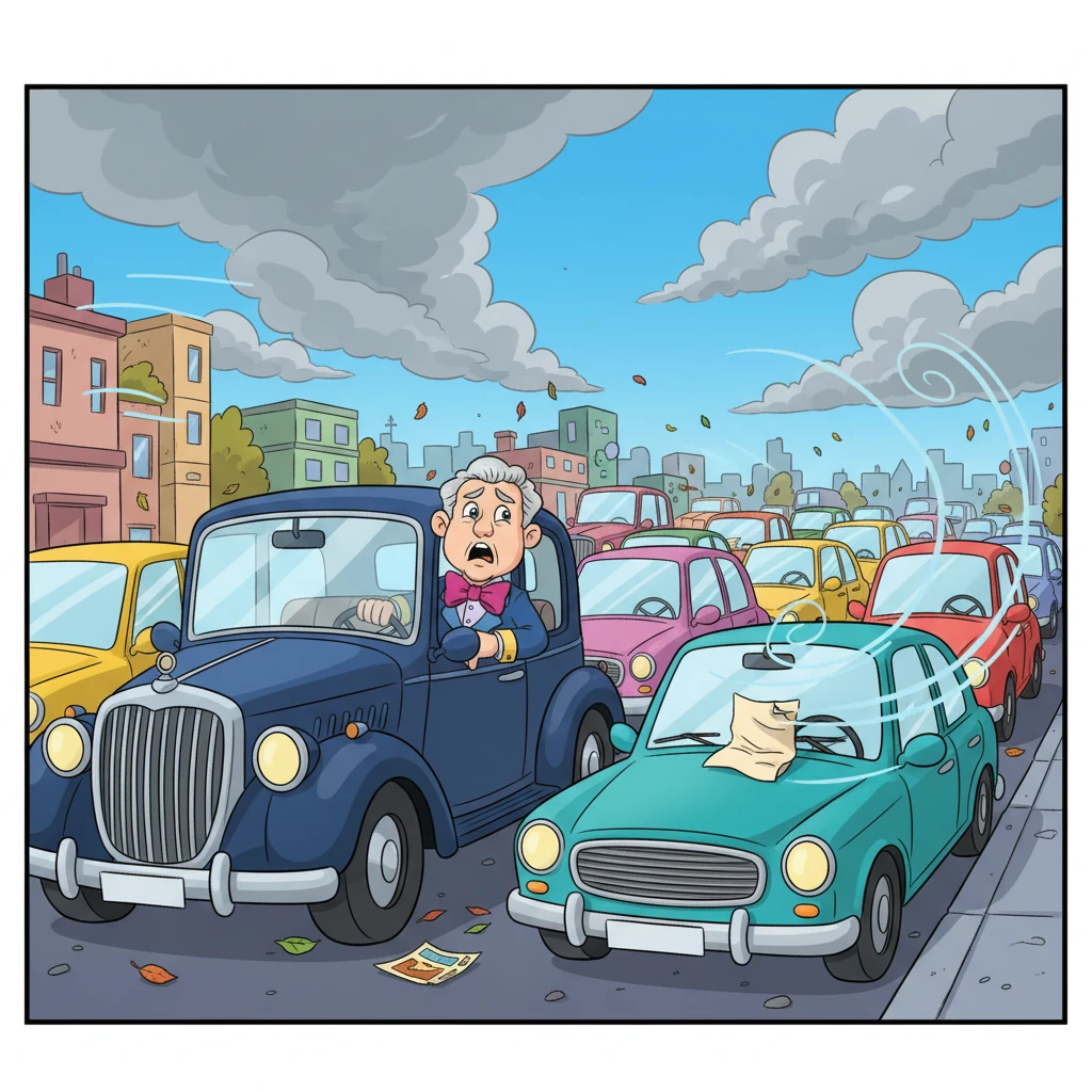 One blustery afternoon, Mr. Goldsworth's luxurious car was caught in a traffic jam. Impatient, he glanced out the window, his gaze falling upon a crumpled piece of paper caught under a windshield wiper on a parked car.