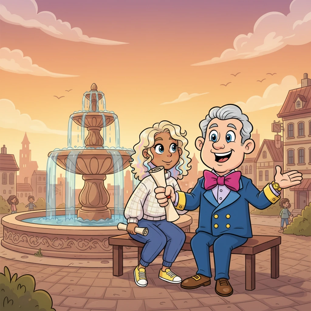 Under the warm glow of the setting sun, Mr. Goldsworth and Larkin shared a quiet conversation by the fountain. The city hummed around them, no longer a backdrop of business, but a tapestry of shared stories and newly found friendship.