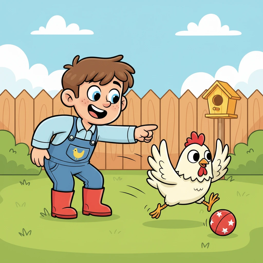 Leo, a cheerful boy with bright, curious eyes, is giggling as his fluffy white chicken, Clucky, chases a rolling ball across the sun-drenched backyard. Clucky, with exaggerated wobbly legs and a tiny crown of feathers, looks equally delighted, flapping its wings in excitement. The air is filled with happy chirps and childish laughter, painting a perfect picture of their playful friendship.