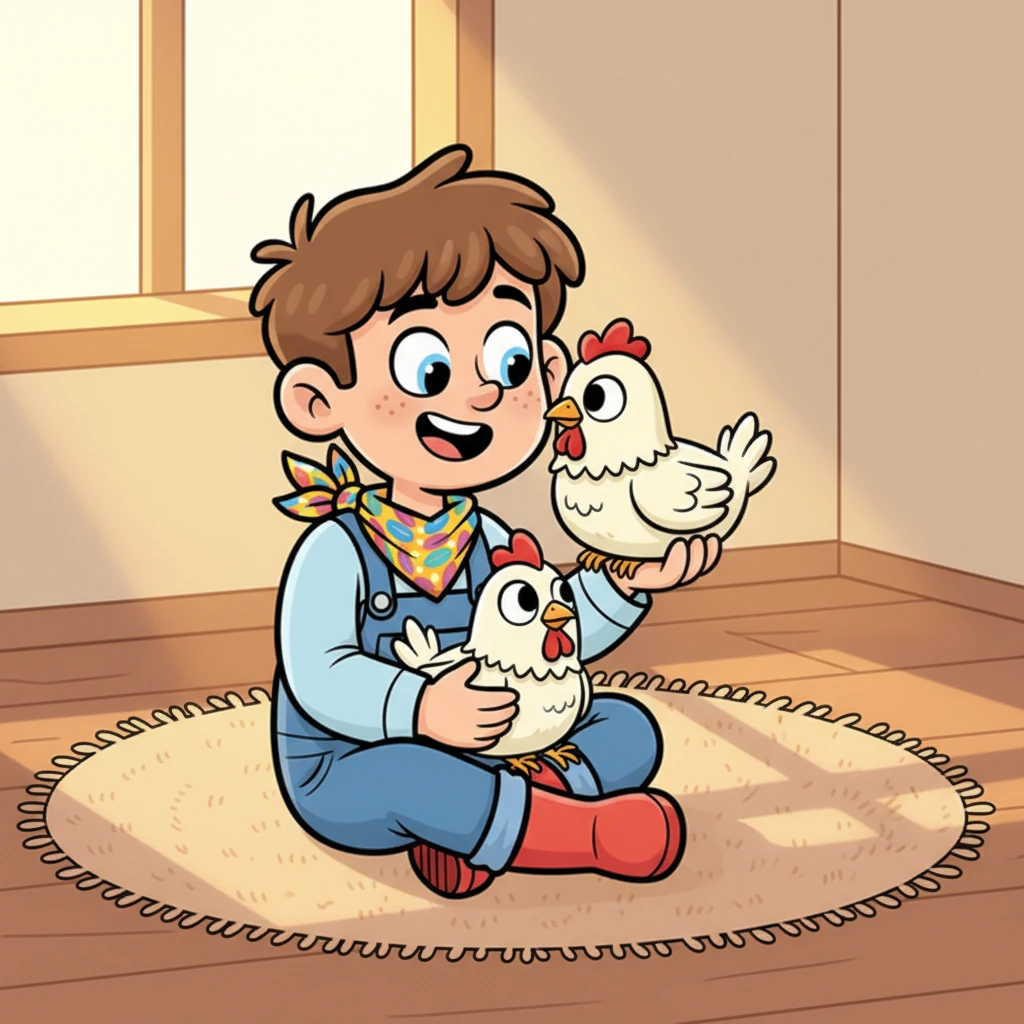 Inside, Leo is sitting cross-legged on the rug, whispering secrets into Clucky's ear. Clucky, perched comfortably on his lap, tilts its head adorably, as if understanding every word. A warm, golden light streams through the window, illuminating the genuine affection shared between the boy and his feathery confidant.