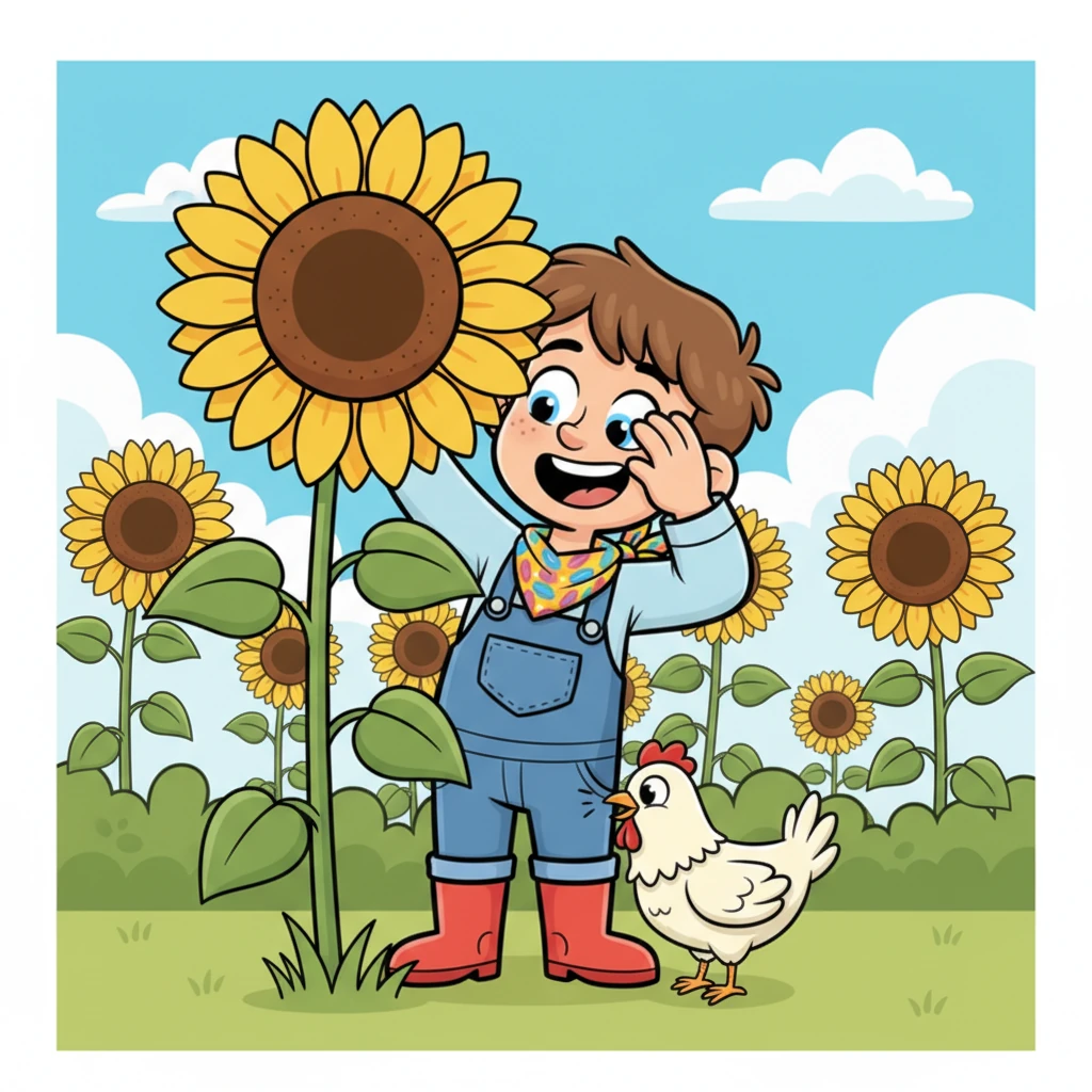 Out in the garden, Leo and Clucky are playing hide-and-seek among the giant sunflowers. Leo peeks from behind a sunflower, his eyes sparkling with mischief, while Clucky pecks playfully at his shoe, thinking it's found him. Their joyful game fills the garden with a lighthearted energy, making even the flowers seem to smile.
